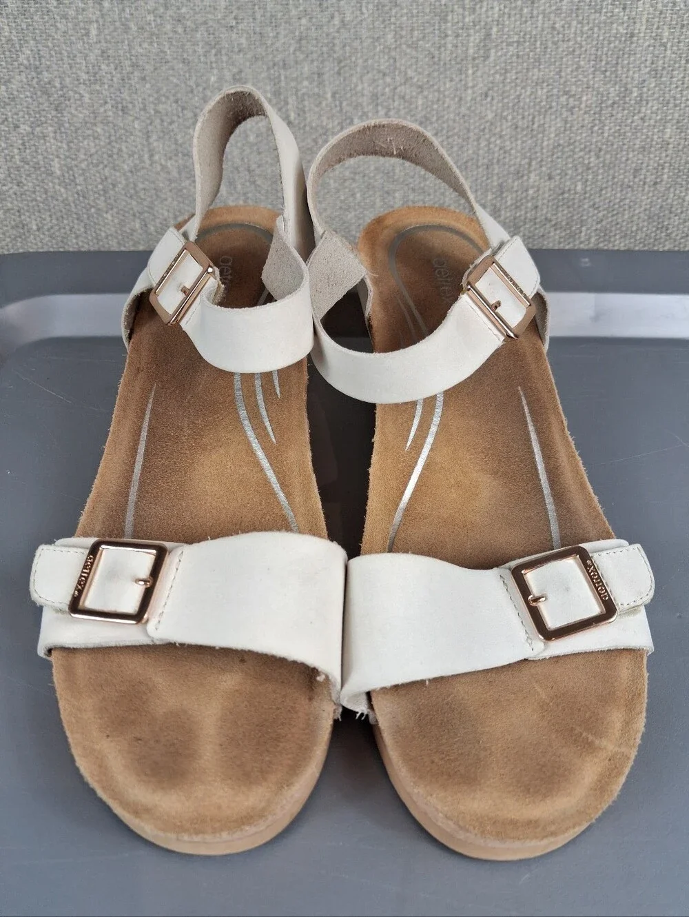Aetrex Lexa Quarter Strap Cork Wedge Sandals Ivory Leather Built-in Orthotic